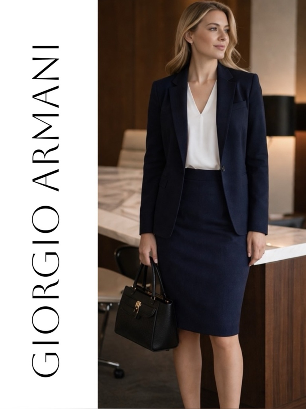 Giorgio Armani Navy Blue New Wool Pencil Skirt Size 8 Executive Old Money Luxe